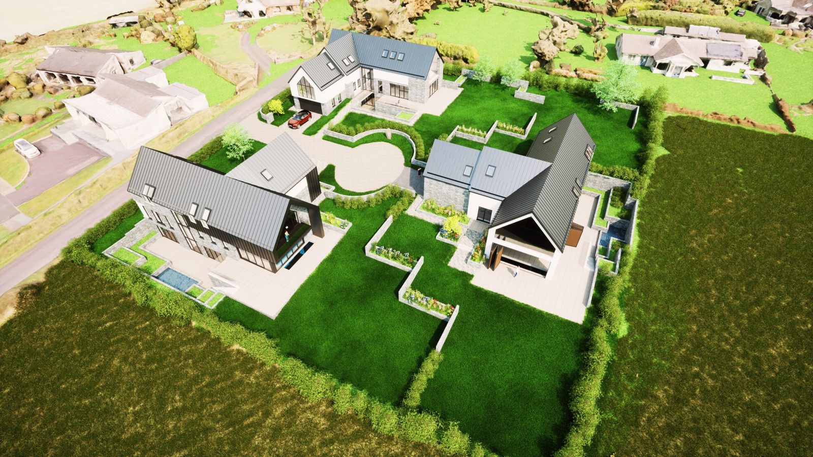 The plot seen from above, with gardens and neighbouring houses