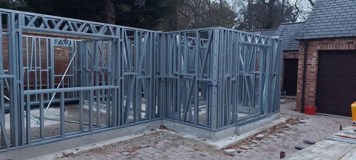 The ground floor steel frame assembled on site